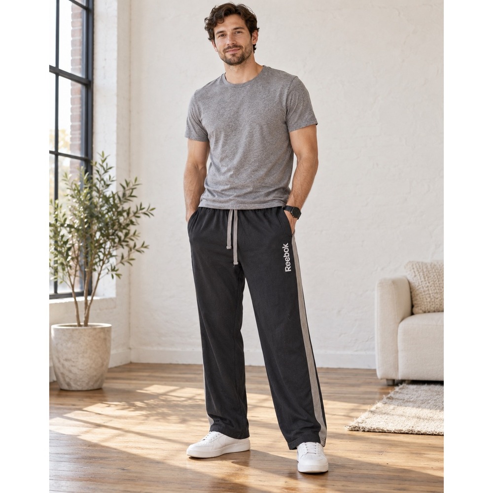 Reebok Sleep Pants Mens XL Black Gray Stripe Cotton Lounge Pajama Drawstring Y2K